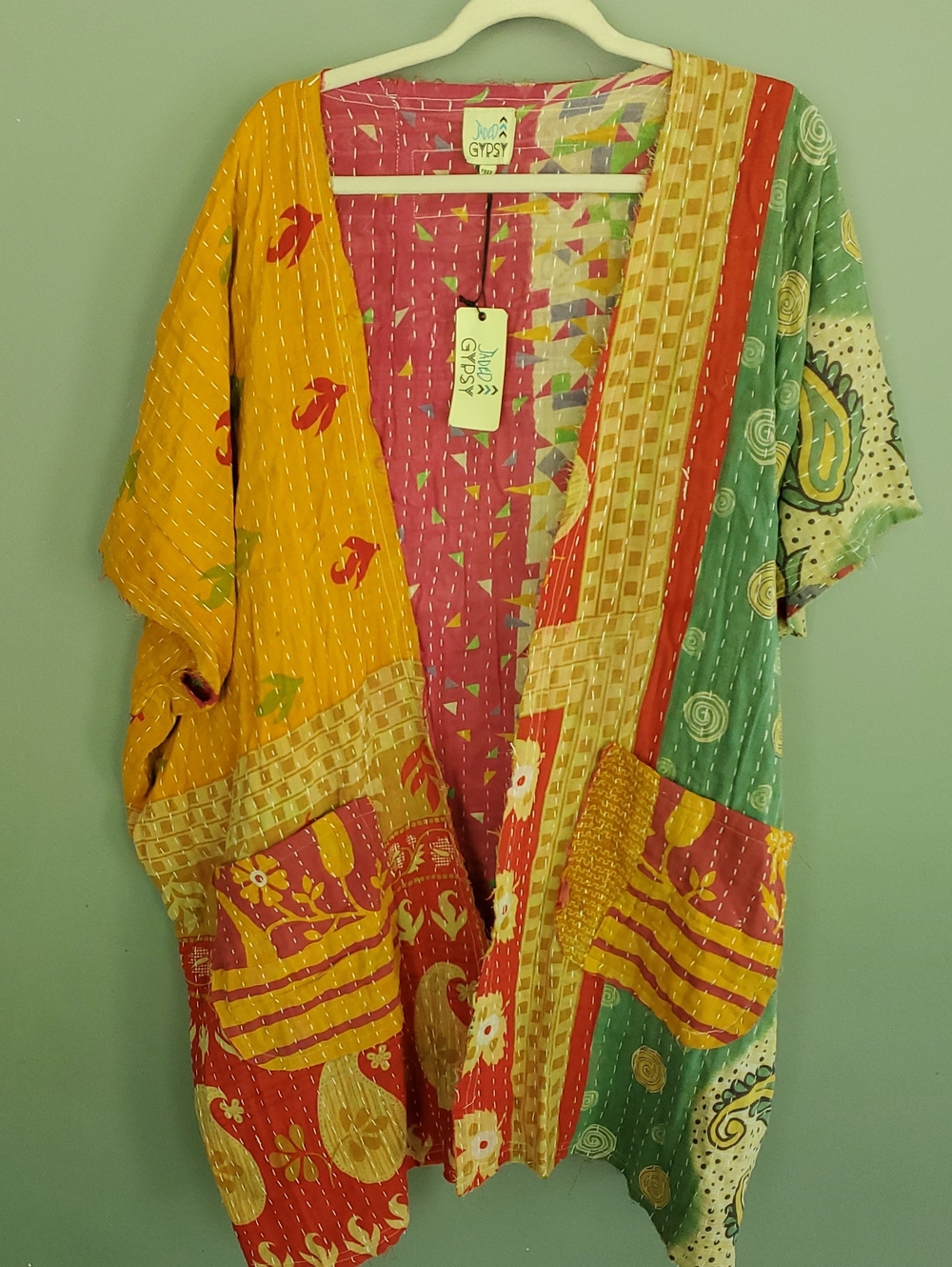 JADED GYPSEY Boho Patchwork Kimono Duster - Mustard, Pink & Green - Picture 5 of 10